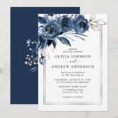 Modern Classic Navy Blue & Silver Floral Wedding 招待状 (正面/裏面)