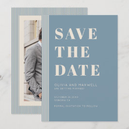 Modern Classic Save The Date Blue Striped Photo 招待状