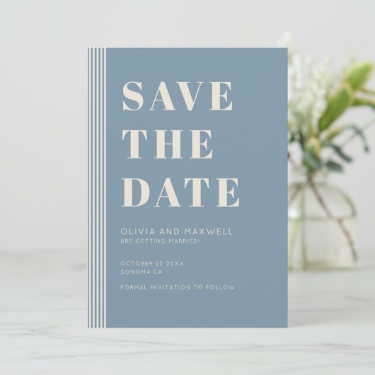Modern Classic Save The Date Blue Striped Wedding  招待状 (スタンド正面)