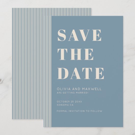 Modern Classic Save The Date Blue Striped Wedding 招待状 (正面/裏面)