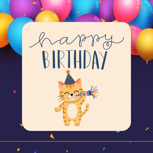 Modern Classic Simple Happy Birthday Cat スクエアシール