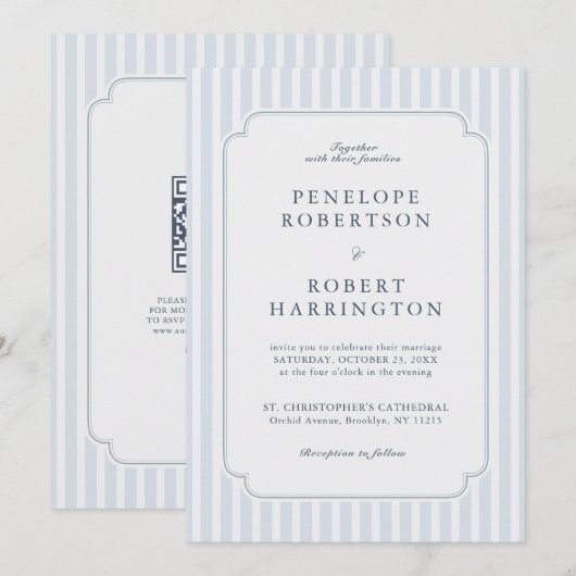 Modern Classic Stripes Dusty Blue QR Code Wedding  招待状 (正面/裏面)