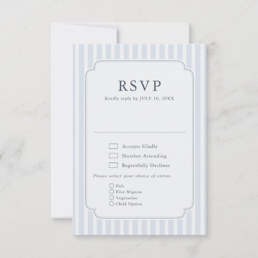 Modern Classic Stripes Dusty Blue Vintage Wedding 出欠カード (正面)