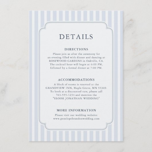 Modern Classic Stripes Dusty Blue Wedding Details エンクロージャーカード (正面)