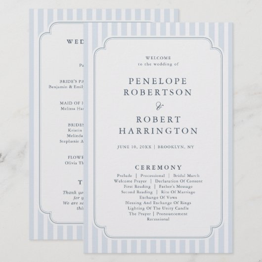 Modern Classic Stripes Dusty Blue Wedding Program (正面/裏面)