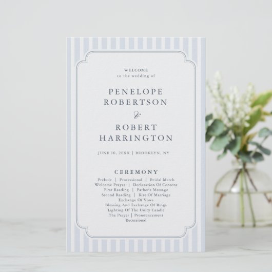 Modern Classic Stripes Dusty Blue Wedding Program (スタンド正面)