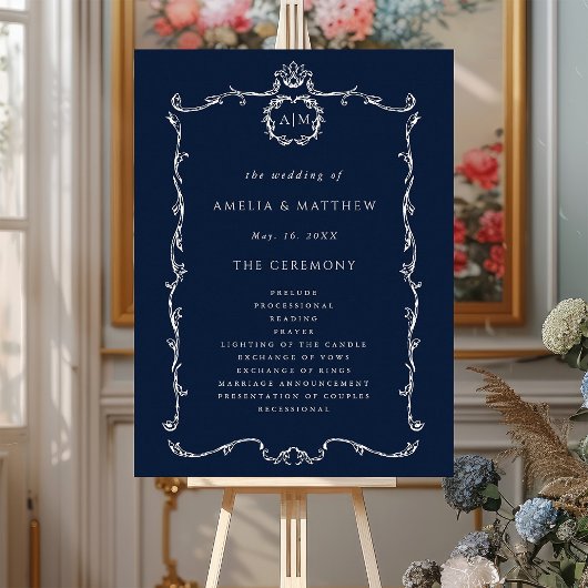 Modern Classic Wedding Ceremony Program Navy Blue ポスター