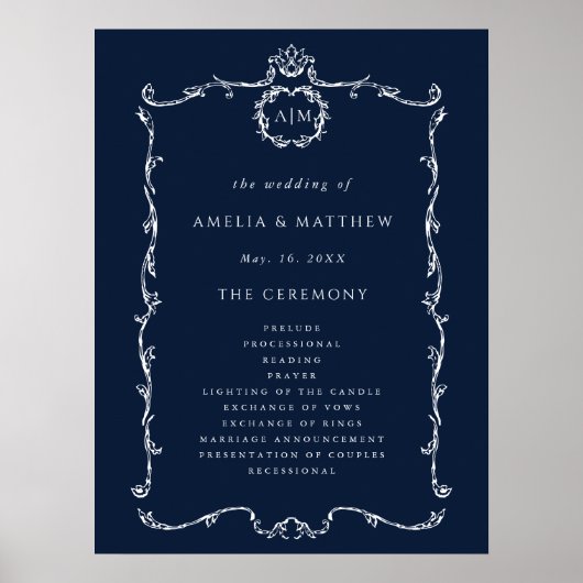 Modern Classic Wedding Ceremony Program Navy Blue ポスター (正面)