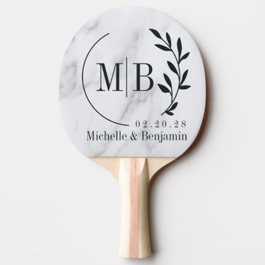 Modern Clean White Marble Leaf Wedding Monogram 卓球ラケット (裏面)
