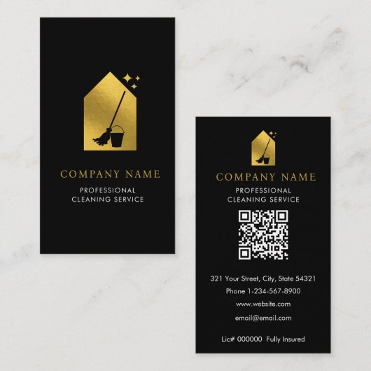 Modern Cleaning Cleaner Service Logo Gold QR Code 名刺 (正面/裏面)