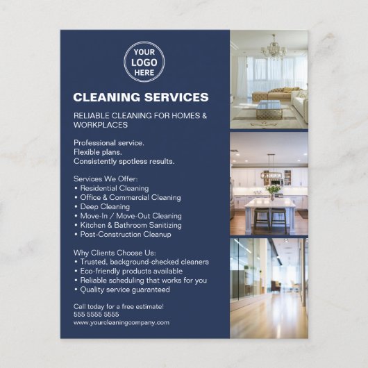 Modern Cleaning Services Photo Logo Navy Blue チラシ (正面)
