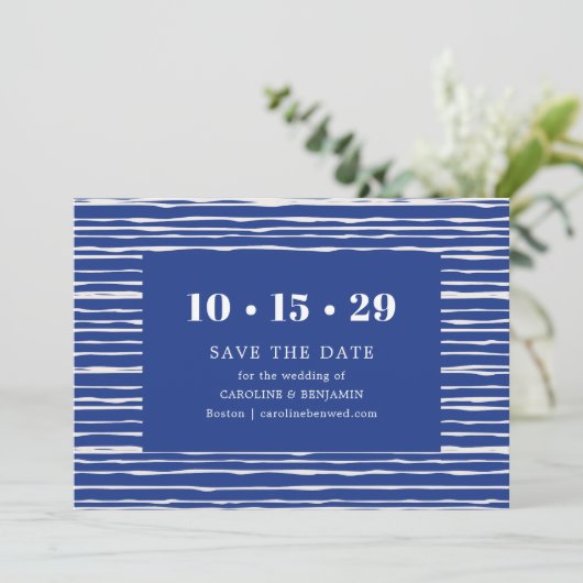 Modern Coastal Blue Stripe Wedding セーブザデート (スタンド正面)