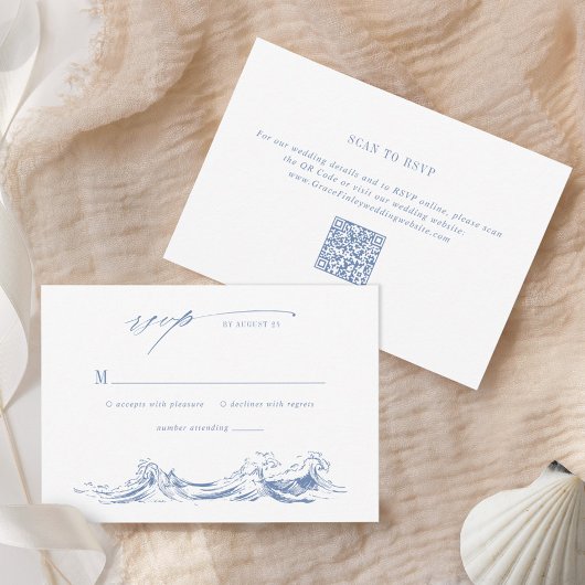 Modern Coastal Chic Blue QR Code Wedding 出欠カード