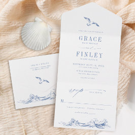 Modern Coastal Chic Blue Seaside Wedding オールインワン招待状