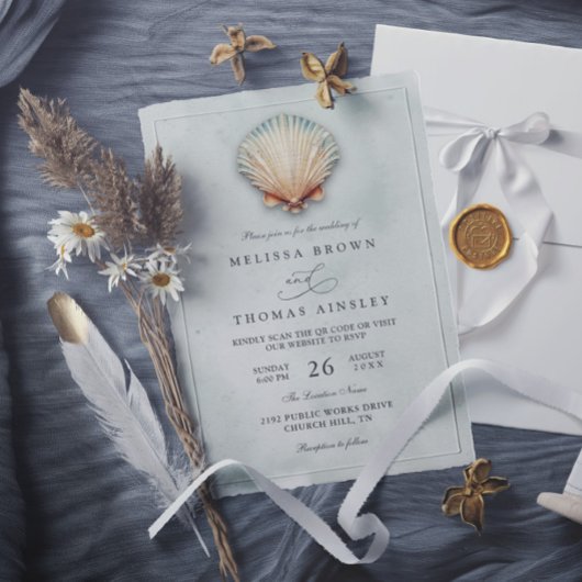 Modern Coastal Seashell Aqua QR Code Wedding 招待状