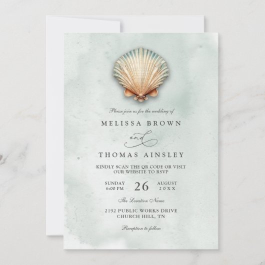 Modern Coastal Seashell Aqua QR Code Wedding 招待状 (正面)