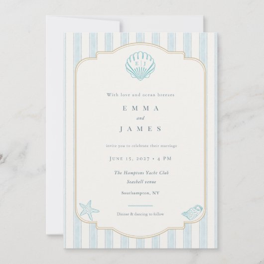Modern Coastal Seashell Nautical Striped Wedding 招待状 (正面)