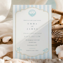 Modern Coastal Seashell Nautical Striped Wedding 招待状