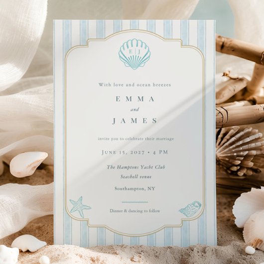 Modern Coastal Seashell Nautical Striped Wedding 招待状