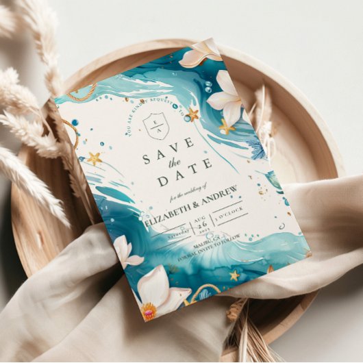 Modern Coastal Seashell Watercolor Wedding セーブザデート