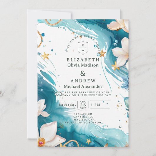 Modern Coastal Seashell Watercolor Wedding 招待状 (正面)