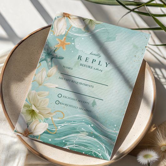 Modern Coastal Wave Floral Wedding 出欠カード