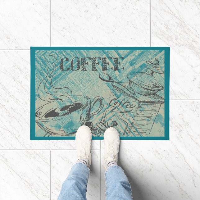 Modern Coffee Art Teal ドアマット (室内)