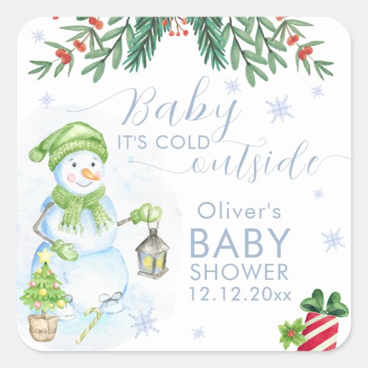 Modern Cold Outside Floral Snowman Baby Shower スクエアシール (正面)