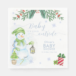 Modern Cold Outside Floral Snowman Baby Shower スタンダードランチョンナプキン
