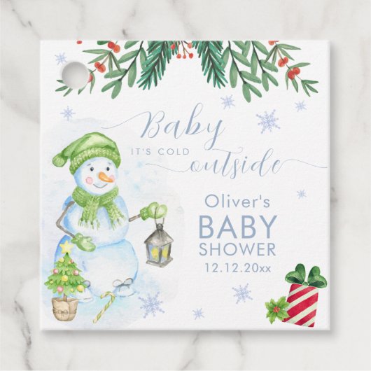 Modern Cold Outside Floral Snowman Baby Shower フェイバータグ (正面)