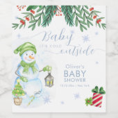 Modern Cold Outside Floral Snowman Baby Shower  ワインラベル (シングルラベル)