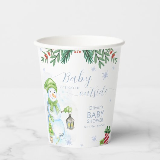 Modern Cold Outside Floral Snowman Baby Shower 紙コップ (正面)
