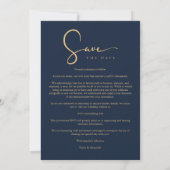 Modern Collage Wedding Navy Blue & Faux Gold Scrip セーブザデート (裏面)