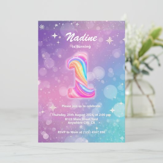 Modern Colorful 1st Birthday Rainbow Foil 招待状 (スタンド正面)