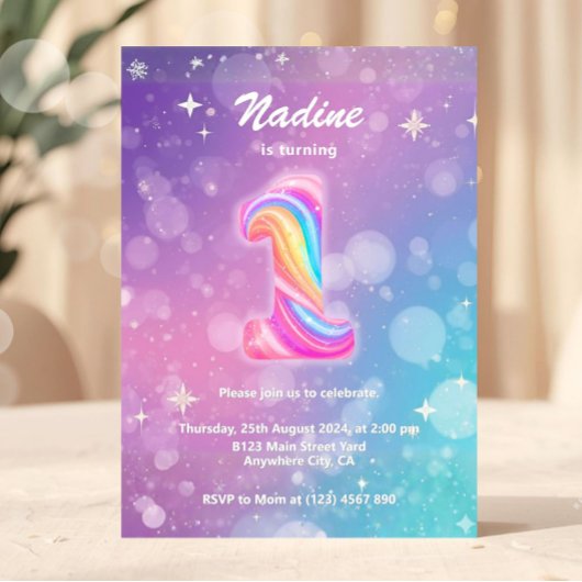 Modern Colorful 1st Birthday Rainbow Foil 招待状