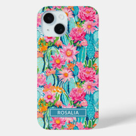 Modern Colorful Blooming Cacti Personalized iPhone 15ケース