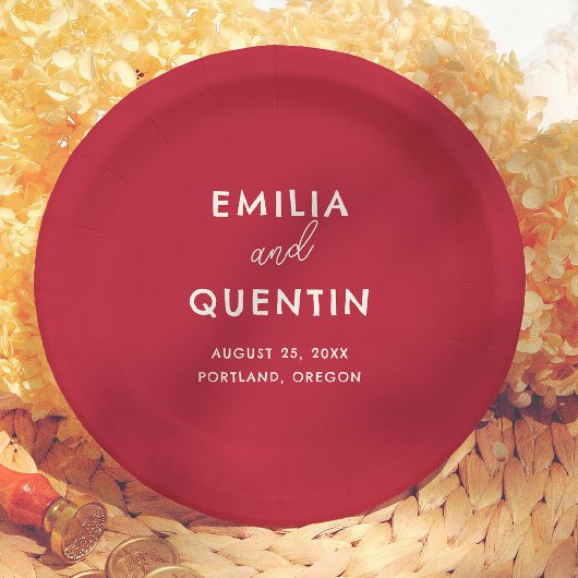 Modern Colorful Cherry Red Retro Wedding ペーパープレート