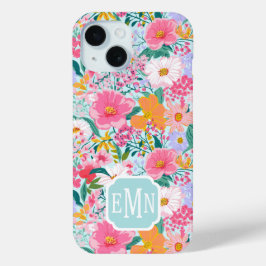 Modern Colorful Floral Garden Monogrammed iPhone 15ケース