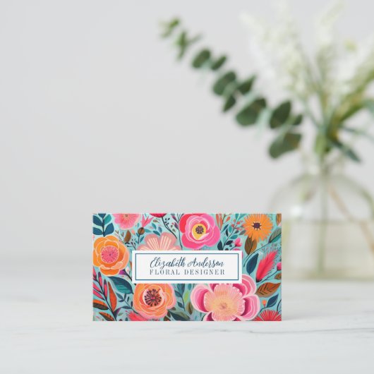 Modern Colorful Flowers Pink Teal 名刺 (スタンド正面)