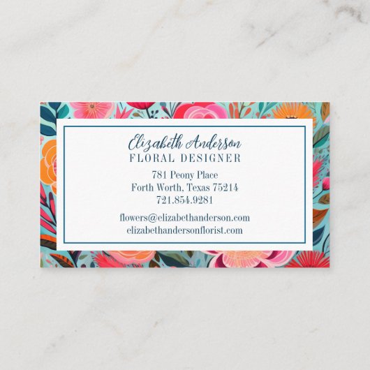 Modern Colorful Flowers Pink Teal 名刺 (裏面)