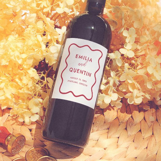 Modern Colorful Funky Wavy Frame Retro Wedding ワインラベル