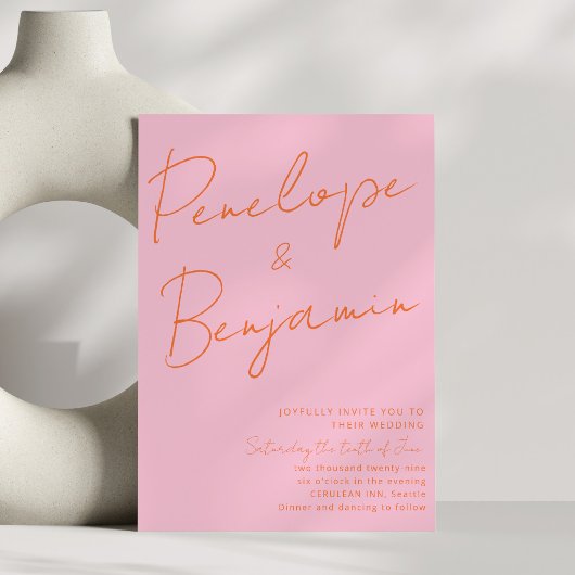 Modern Colorful Handwriting Pink Orange Wedding 招待状