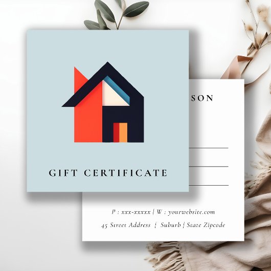 Modern Colorful House Blue Orange Gift Certificate スクエア名刺