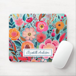 Modern Colorful Pink Flowers Monogram マウスパッド