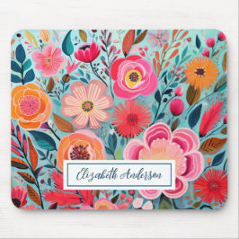 Modern Colorful Pink Flowers Monogram マウスパッド