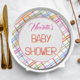 Modern Colorful Plaid Baby Shower Theme ペーパープレート