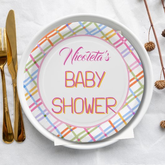 Modern Colorful Plaid Baby Shower Theme ペーパープレート