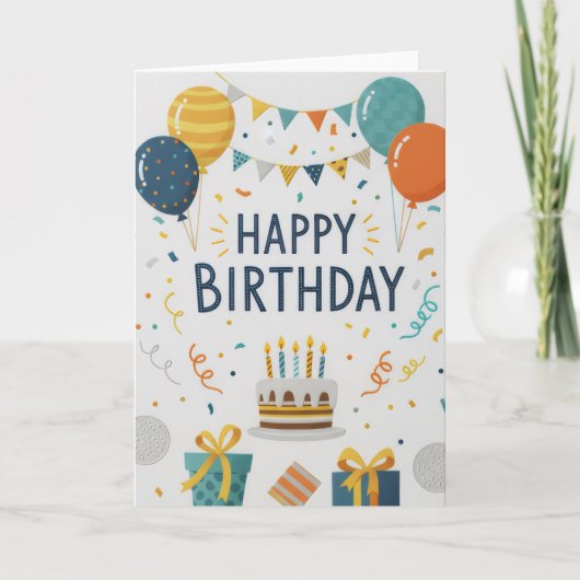 Modern Confetti & Balloons Happy Birthday Card カード (正面)