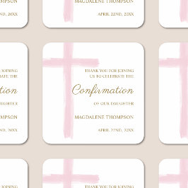 Modern Confirmation Pink Cross Thank You スクエアシール
