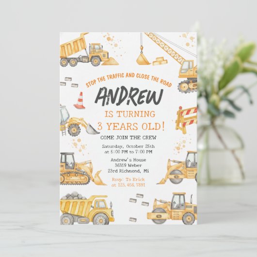 Modern Construction Birthday Party 招待状 (スタンド正面)